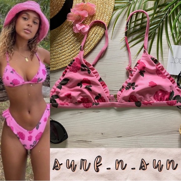 NWOT Beach Riot 🌹 Rosie Pink Valentine’s Day Ruffle Fixed Triangle Bikini Top - Picture 1 of 11